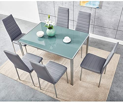 Grey Glass Table Six High-Back Faux-Leather Chairs