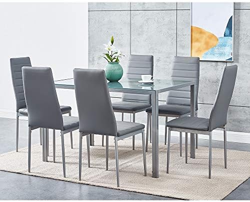 Grey Glass Table Six High-Back Faux-Leather Chairs